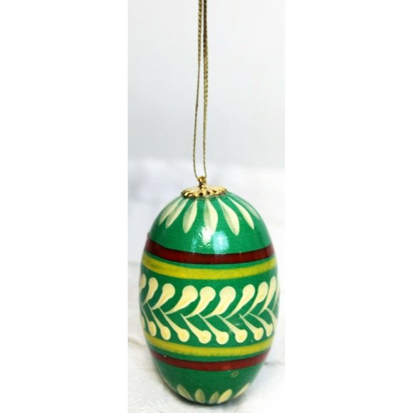 Polish Wooden Egg Ornament Painted Green Red Yellow Designs Christmas Holiday - Picture 6 of 11